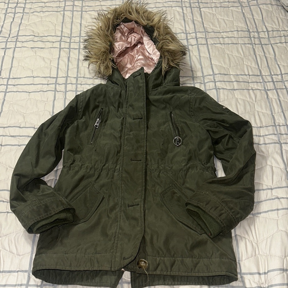 Abercrombie Kids Green Hooded Parka with Faux Fur Trim